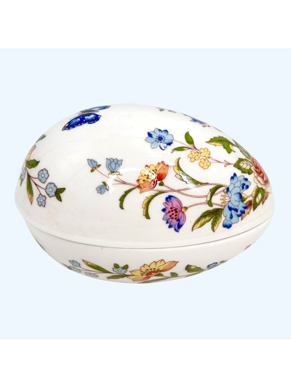 VTG AYNSLEY COTTAGE GARDEN EGG-SHAPED TRINKET BOX FLORAL BUTTERFLY BONE CHINA